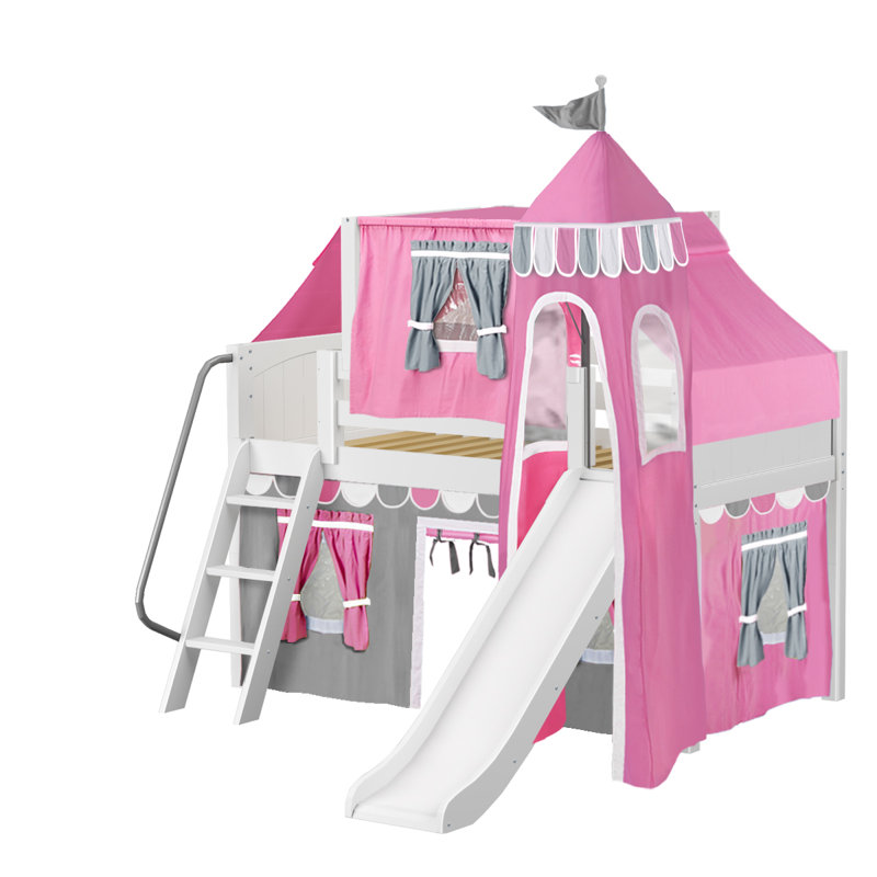 Zoomie Kids Stowers Wow Twin Loft Bed with Slide Tent and Curtains